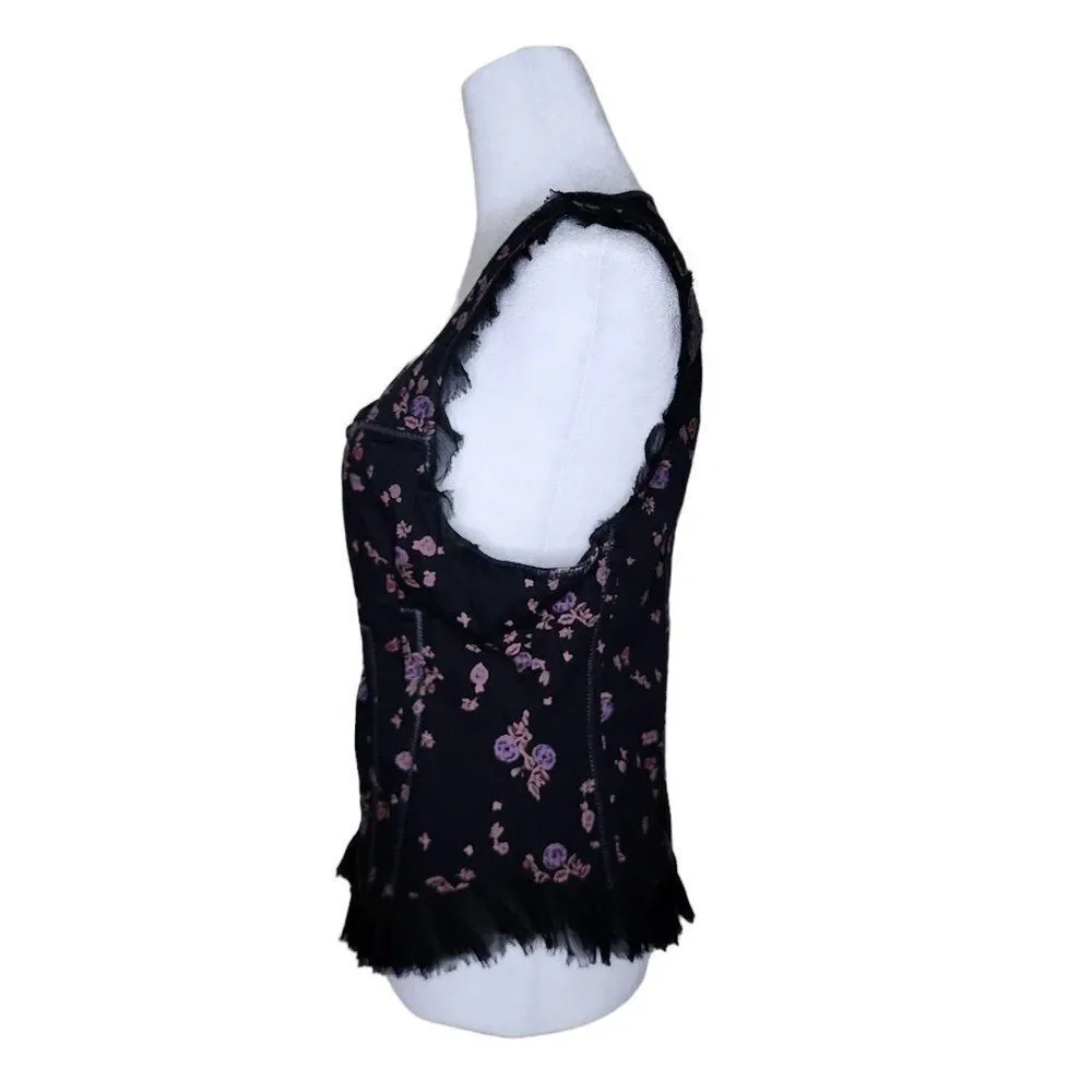 Vintage Y2K Corset Vest Womens Size 10 Black Floral Ruffles Boning - Picture 4 of 8